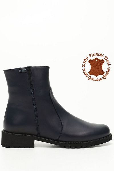 GÖNDERİ(R) Women's Navy Blue Antique Zippered Rubber Sole Genuine Leather Boots