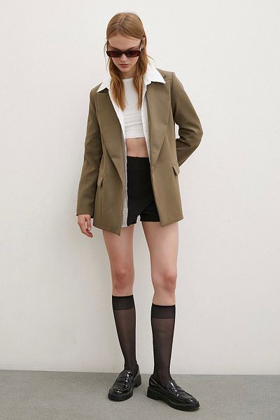 Never more Μπουφάν Khaki Blazer - Ριγέ, με επένδυση και καπάκι τσέπης