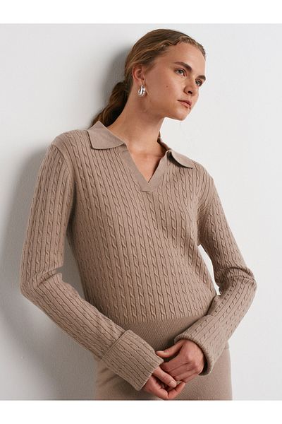 Dilvin 10638 Polo Collar Hair Knitted Knitwear Sweater-Dark Mink