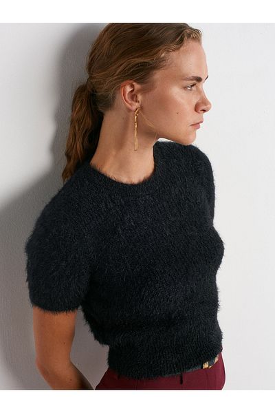 Dilvin 10648 Crew Neck Soft Textured Shiny Knitwear Sweater-Black