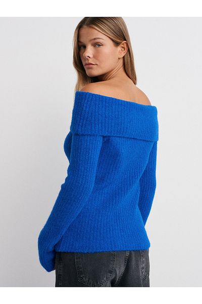 Dilvin 10649 Bardot Collar Ribbed Knitwear Sweater-Sax