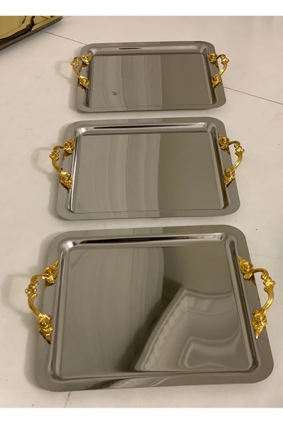 Elzemm store PASLANMAZ ÇELİK KARE 3 ADET İNCE KULPLU SERVİS VE SUNUM TEPSİSİ LÜX