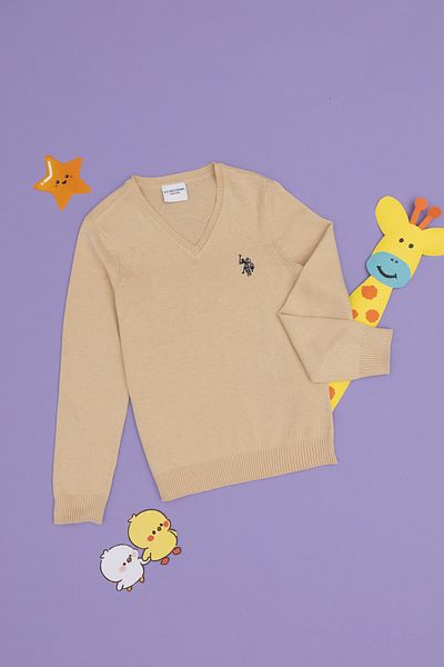 U.S. Polo Assn. Boy's Light Khaki Basic V-Neck Sweater 50294200 -Vr183