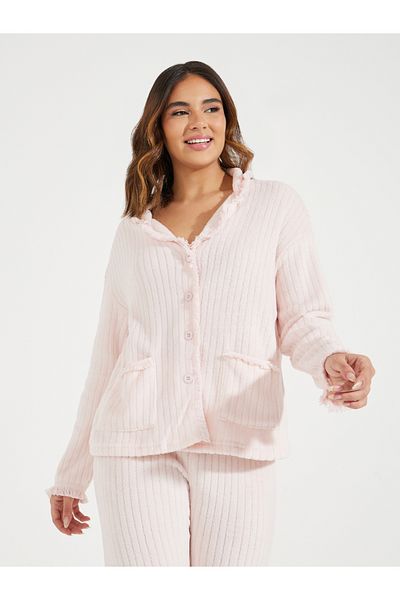 Styli Stripe Fleeced Frayed Edge Shirt & Pyjama Set