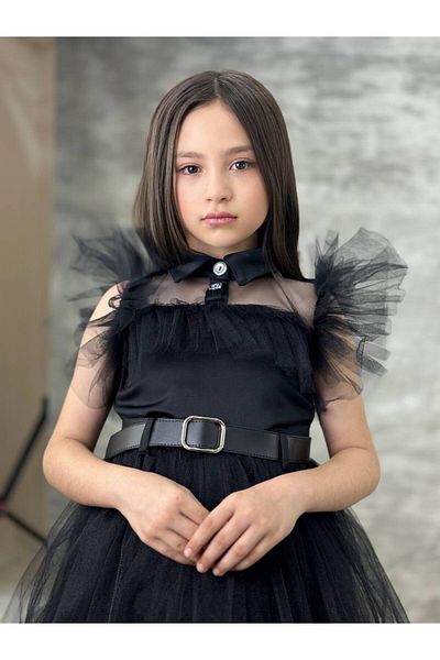 defada Wednesday Girl's Belted Tulle Black Dress