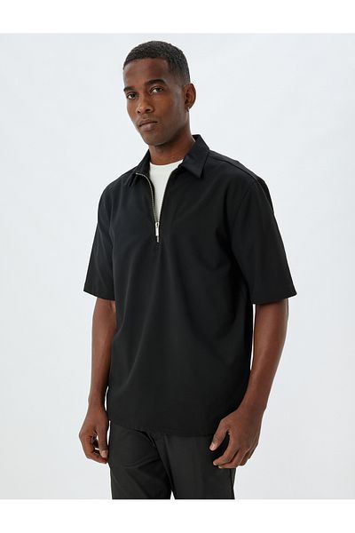 Koton Kurzärmliges Boxy-Fit-T-Shirt aus Viskose-Mischgewebe mit halbem Reißverschluss
