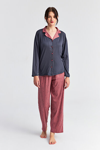 Ecrou Kadın Pudra Antrasit Kalp Bebe Yaka Pantolon 2 Li Pijama Takım