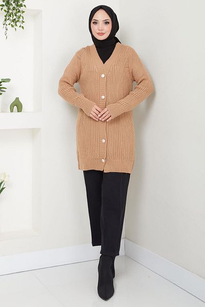 hafsamina Camel Knitwear Cardigan - Corded and Buttoned Hm2563