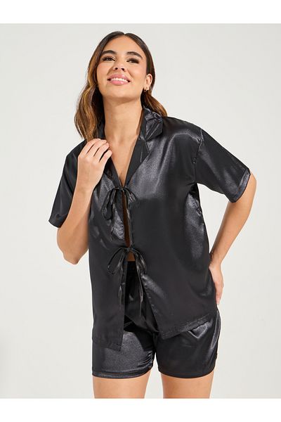 Styli Solid Satin Tie Front Shirt & Short Set