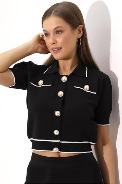 Irmak Kerekli Tricotaj pentru femei, negru, cu gât polo, cardigan cu nasturi perle 2203