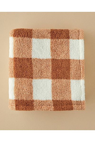 English Home Comfort Plaid Printed Sherpa Blanket Brown