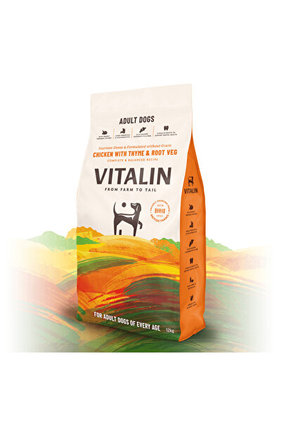 VİTALİN طعام جاف للكلاب من فيتالين بنكهة الدجاج والخضار والزعتر - 12 كجم