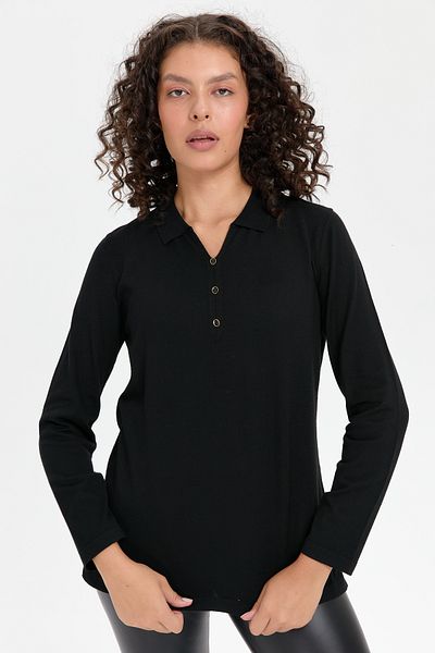 Desen Triko Pulover de damă negru cu decolteu polo cu fantă laterală