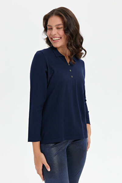 Desen Triko Navy Blue Women's Polo Collar Slit Sweater