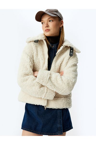 Koton Shirt Collar Faux Suede Lined Zippered Plush Coat with Pocket Detail