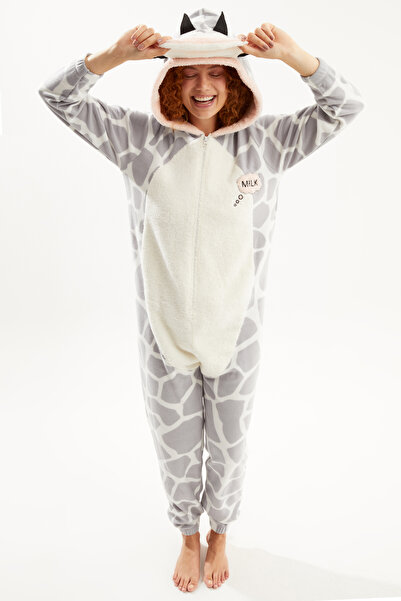 Ecrou Kadın Gri Sevimli Inek Dama Desen Polar Tulum Pijama Takımı