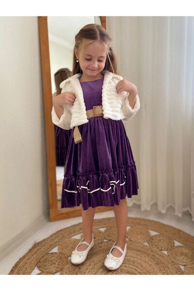 Cherrys Bebek Velvet Girl Dress with Plush Bolerol