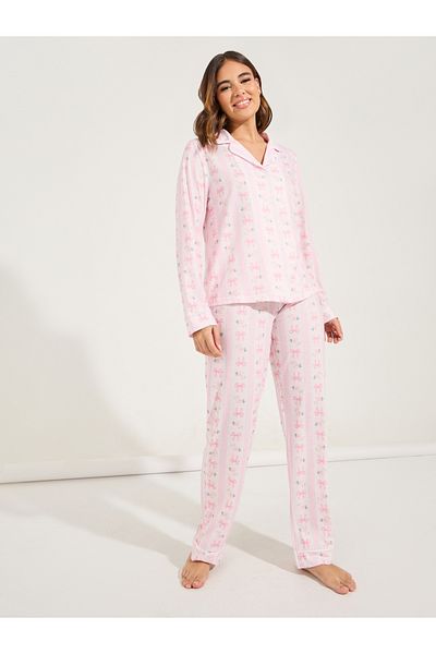 Styli Linear Bow Print Long Sleeve Shirt & Pyjama Set