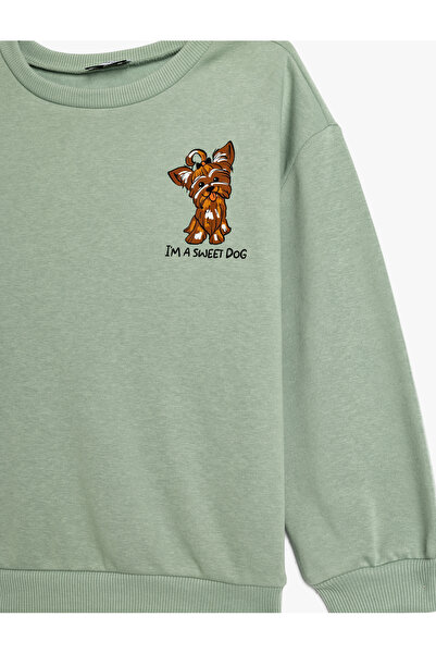 Koton Sweatshirt Köpek Baskılı Uzun Kollu Bisiklet Yaka Şardonlu