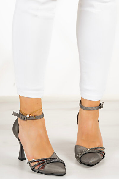 Erkan Saçmacı Çağla Anthracite Satin Stoned Transparent Designed Shoes