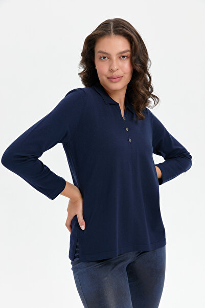 Desen Triko Navy Blue Women's Polo Collar Slit Sweater
