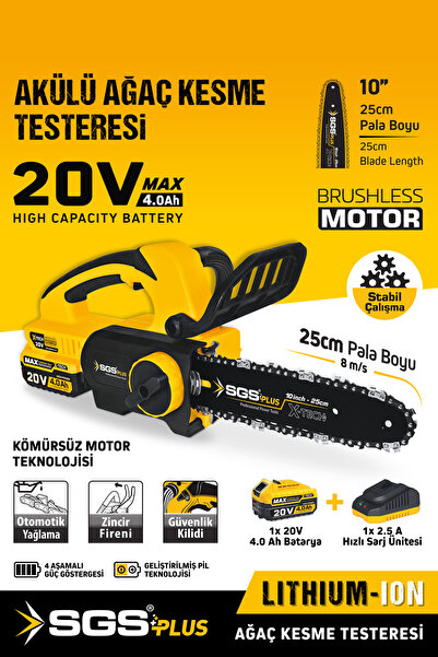 SGS PLUS SGS5320 20 VOLT 4 AMPER AKÜLÜ AĞAÇ KESME BUDAMA TESTERE MOTORU 25 CM PALA