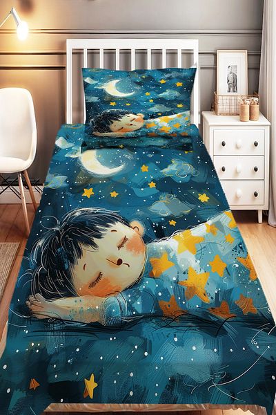 Else Dekor Blue Yellow Moon Sleeping Child Patterned Boy's Single Decorative Bedspread with Pillowcase