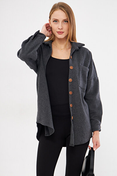 armonika Women's Anthracite Oversize Stitched Pocket Shirt ARM-22Y001156
