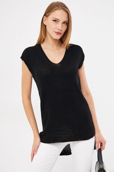 armonika Women's Black V-Neck Front Short Back Long Sweater ARM-24K069004