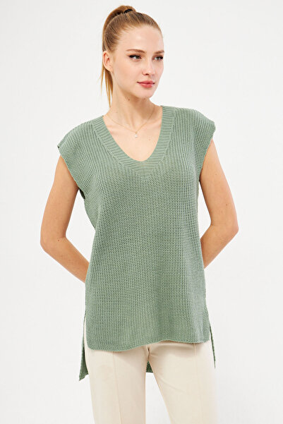 armonika Women's Turquoise V-Neck Short Front Long Sweater ARM-24K069004