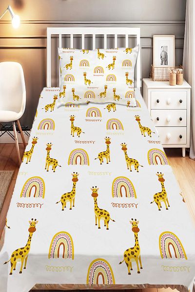 Else Dekor Yellow Giraffe Rainbow Patterned Girl's Single Decorative Bedspread with Pillowcase