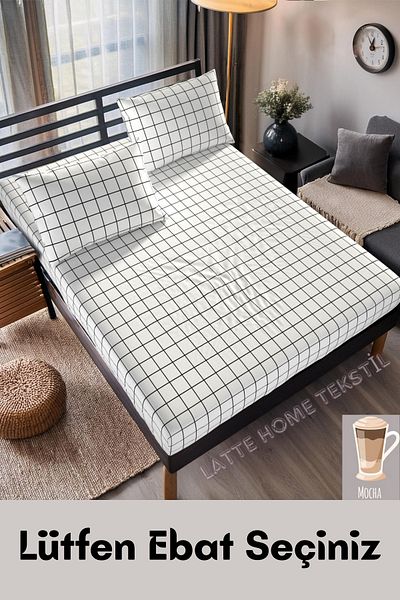 LATTE TEKSTİL Mocha White Plaid Patterned Cotton Ranforce Fabric Elastic Sheet Set (Single-Double-King Size)
