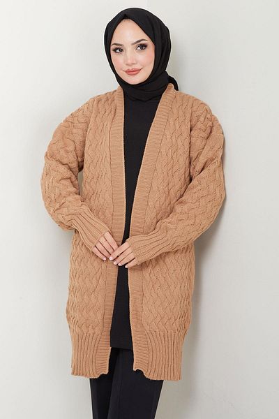 hafsamina Camel Colored Basket Braided Araboy Knitwear Cardigan - Without Buttons Hm2565