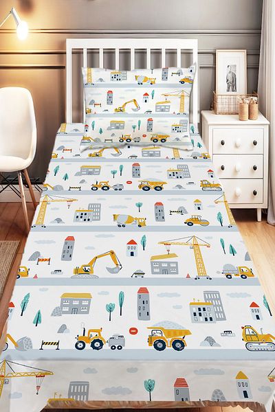 Else Dekor Construction Patterned Single Bedspread for Boy - with Pillowcase