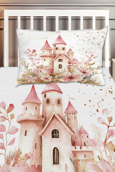 Else Dekor Pink Princess Castle Patterned Girl's Single Decorative Bedspread with Pillowcase