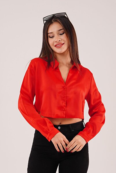 Hipo Trend Saten Görünümlü Crop Model Kırmızı Gömlek