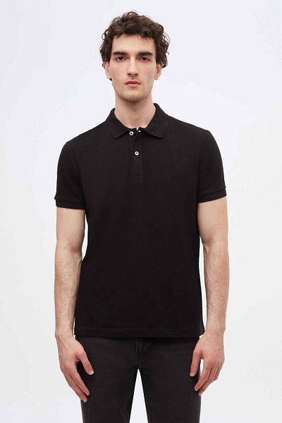 D'S Damat Normale Passform, schwarzes Piqué-T-Shirt aus 100 % Baumwolle mit unlackiertem Polokragen und Stickerei