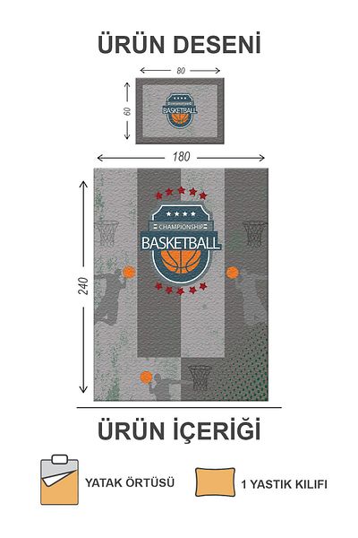 Doruklar Home Collection Set cuvertură de pat matlasată cu model de baschet din țesătură din catifea umplută cu bumbac Drk-0109