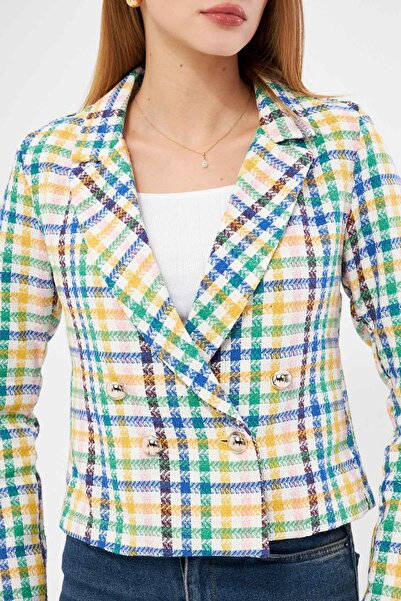 armonika Жіноча синьо-жовта двобортна куртка з коміром Tuvit ARM24K001014