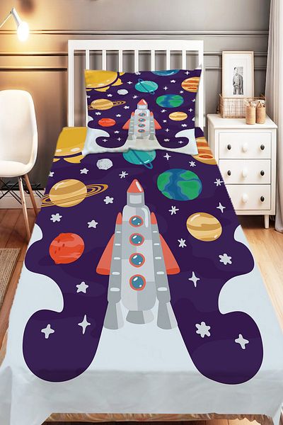 Else Dekor Spaceship Patterned Children's Bedspread - Single with Decorative Pillowcase