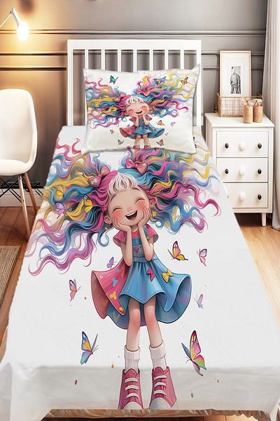 Else Dekor Cute Colorful Girl Patterned Children's Single Decorative Bedspread with Pillowcase