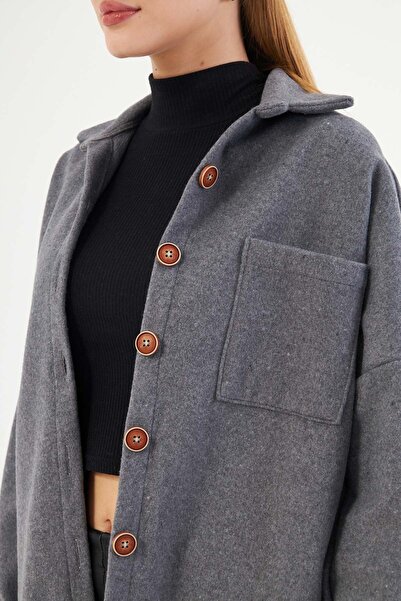 armonika Women's Dark Gray Oversize Stamped Pocket Shirt Arm-22Y 001156