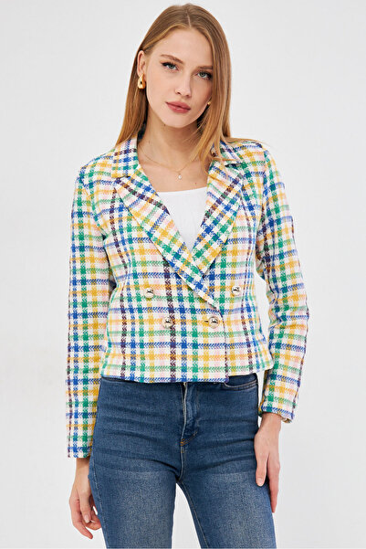 armonika Jachetă de damă, albastru-galben, cu guler dublu, din tweed, crop ARM-24K 001014