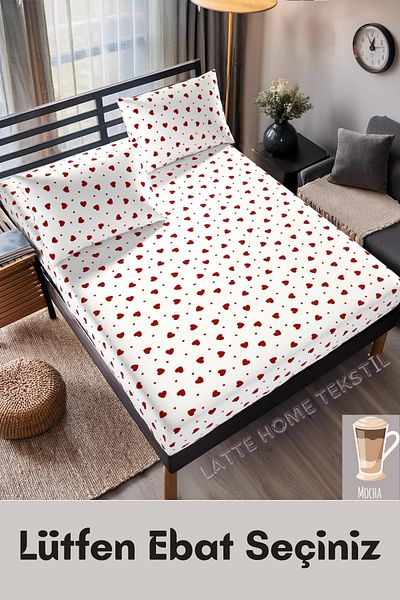 LATTE TEKSTİL Mocha Red Heart Patterned Cotton Ranforce Fabric Elastic Sheet Set (Single-Double-King Size)