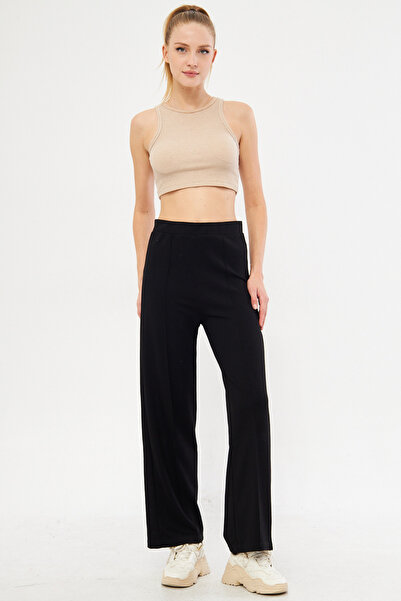 armonika Ženske crne pantalone sa elastičnim strukom i prednjim šavovima ARM-...