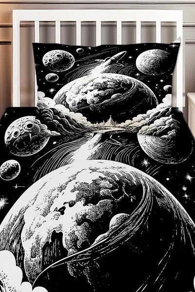 Else Dekor Black and White Space Moon Planet Patterned Children's Single Decorative Bedspread with Pillowcase