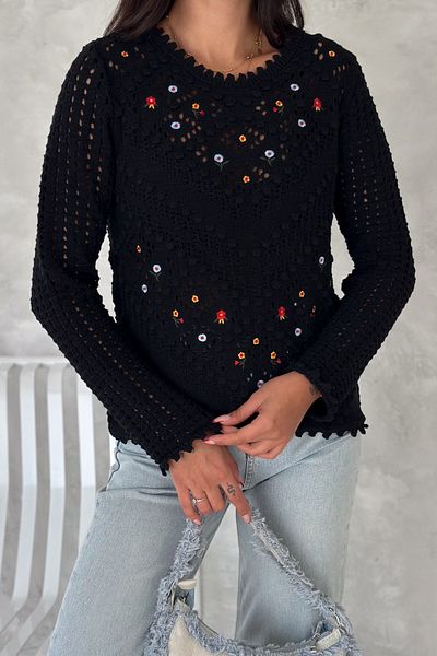 FEMELLE Pulover de damă, negru, mărime standard, cu broderie florală ajurata, din bumbac brodat