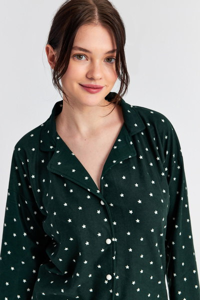 Ecrou Kadın Zümrüt Yıldız Uzun Kol Bebe Yaka Pantolon Pijama Takım