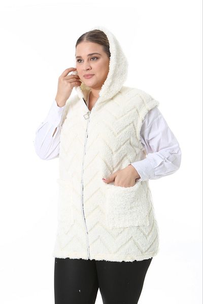 xlargebutik Large Size Clothing Zickzac Looked Cream Plush Fleece Vest Flexible Soft Warm Our Vest