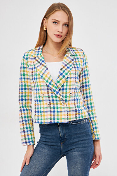 armonika Жіноча синьо-жовта двобортна куртка з коміром Tuvit ARM24K001014